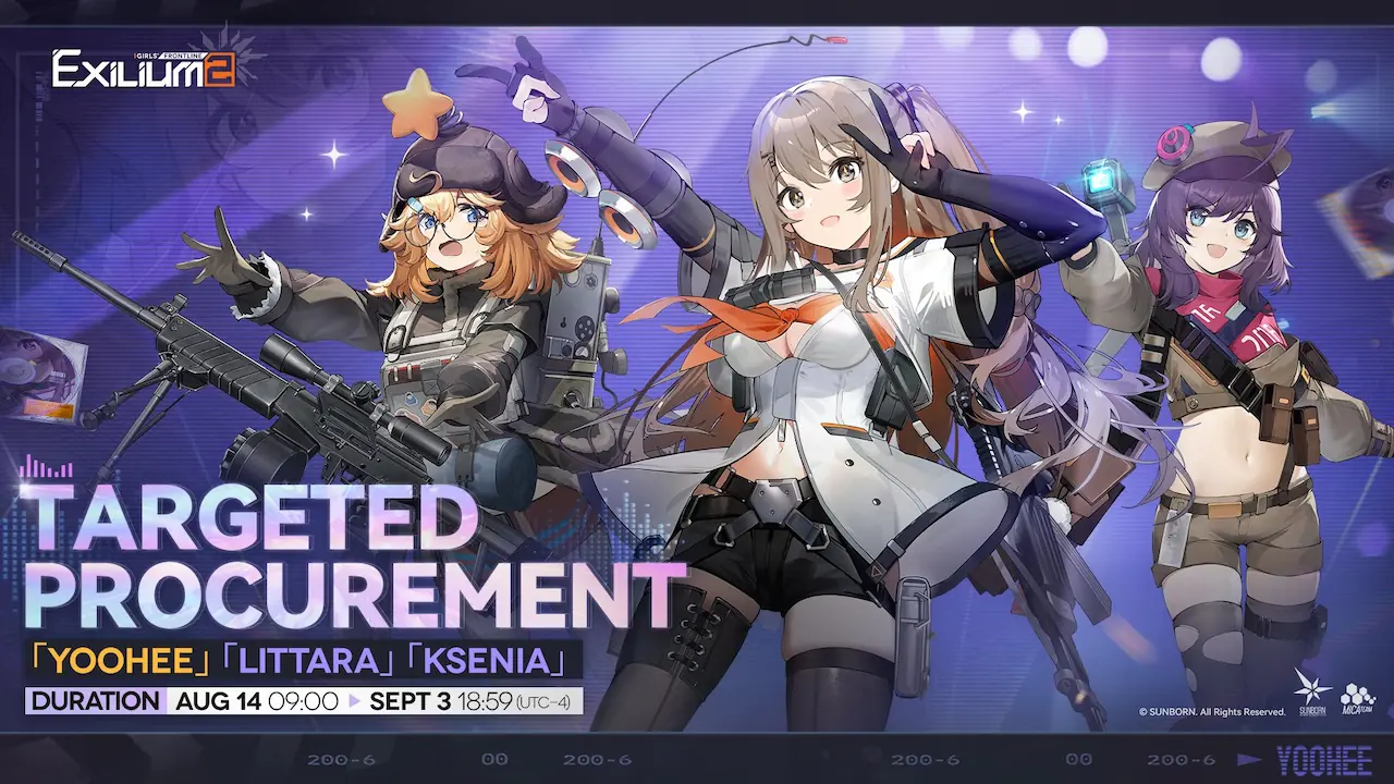 The official Yoohee, Littara, and Ksenia targeted procurement rerun banner featured in the Nikketa GFL2 guide.