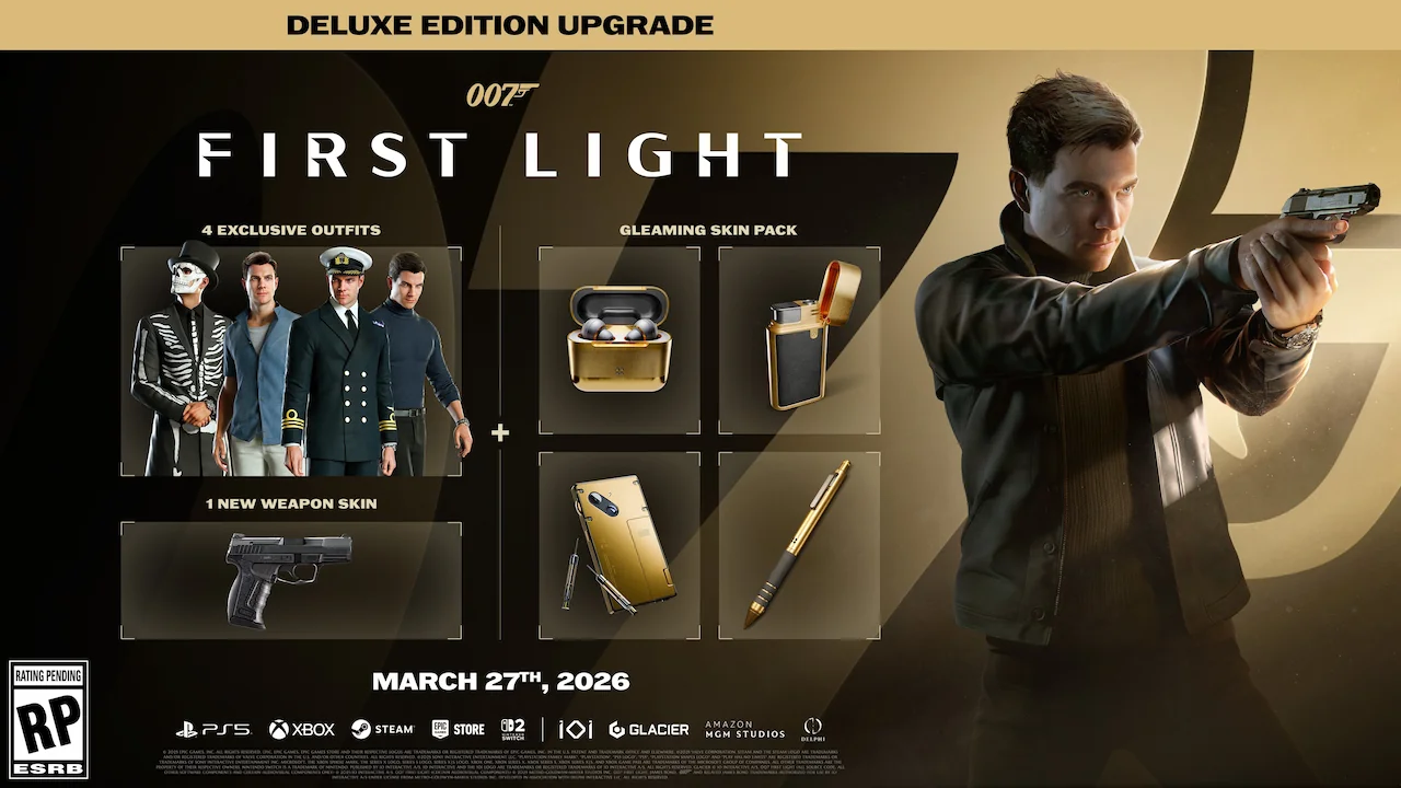 007 First Light Deluxe Edition featuring outfits, gadget skins, and Agent’s Mark weapon skin.