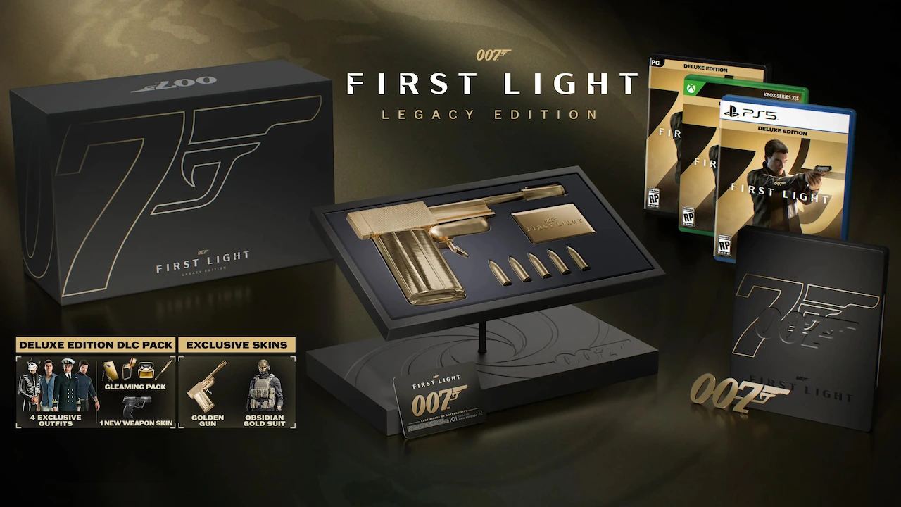 007 First Light Legacy Edition with Golden Gun figurine, steel case, and exclusive Obsidian Gold suit.