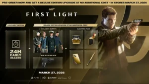 James Bond aiming his gun with the 007 First Light logo and March 27, 2026 release date.