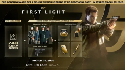James Bond aiming his gun with the 007 First Light logo and March 27, 2026 release date.