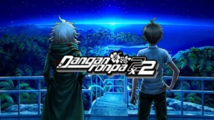 Danganronpa 2×2 key visual featuring Hajime and Nagito looking down a long staircase, illuminated by a blue light, with the game’s new logo above.