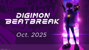 Silhouette of main character from Digimon BEATBREAK with title, logo, and “Oct 2025” release text on a purple background.