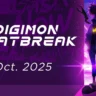 Silhouette of main character from Digimon BEATBREAK with title, logo, and “Oct 2025” release text on a purple background.