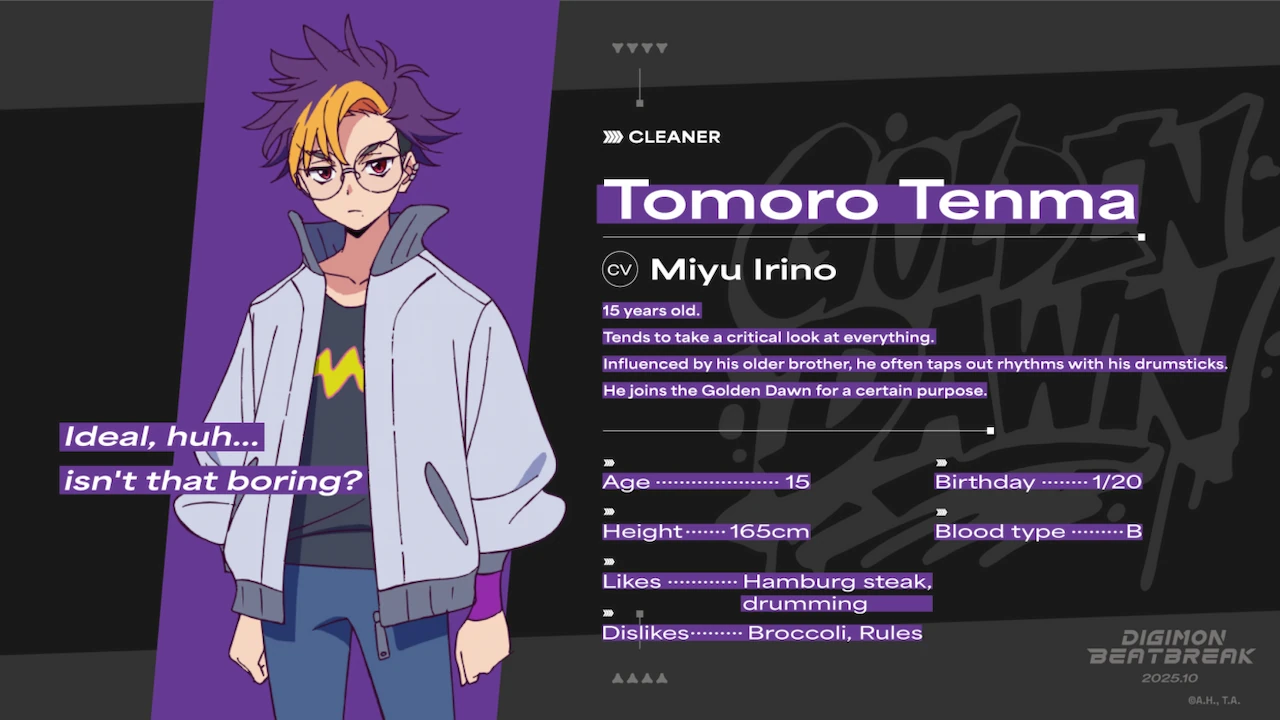 Tomoro Tenma from Digimon BEATBREAK with character profile information displayed.