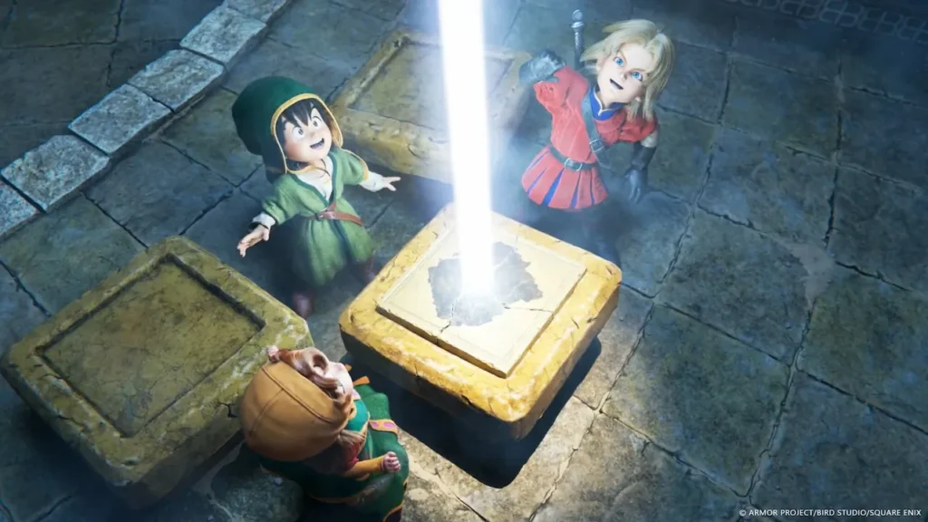 Dragon Quest VII Reimagined heroes gazing at a giant beam of light
