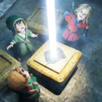 Dragon Quest VII Reimagined heroes gazing at a giant beam of light