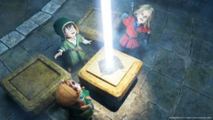 Dragon Quest VII Reimagined heroes gazing at a giant beam of light
