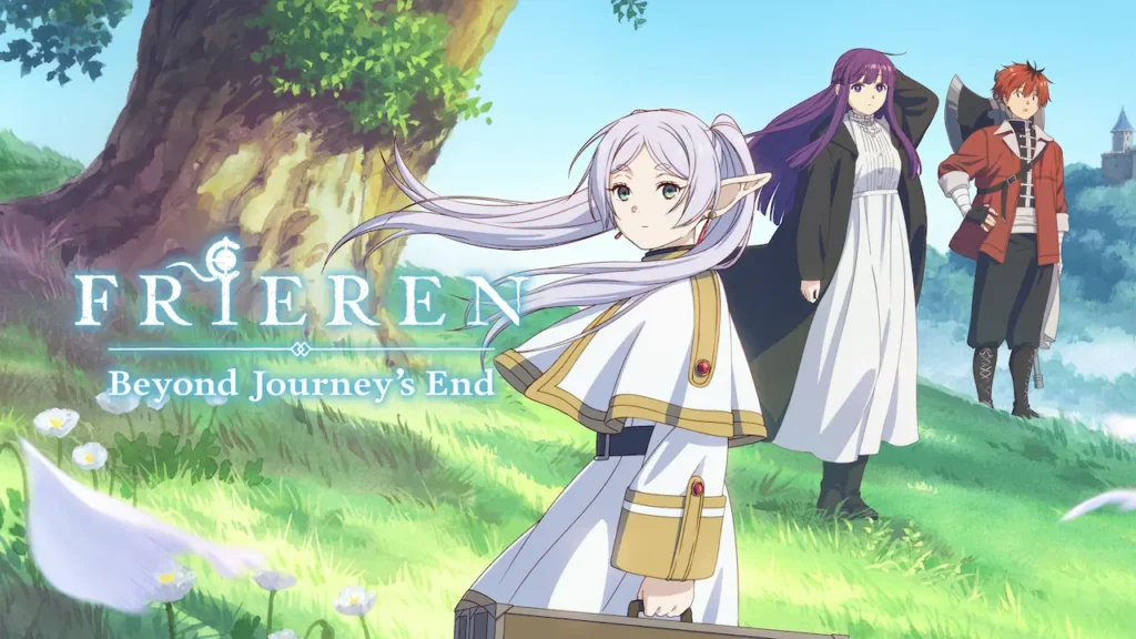 Frieren, Fern, and Stark standing by a large tree with grass in the background and the series title displayed