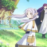 Frieren, Fern, and Stark standing by a large tree with grass in the background and the series title displayed