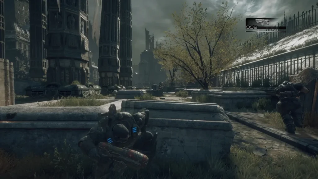 Marcus Fenix performs an active reload with his Hammerburst during combat in Gears of War: Reloaded.