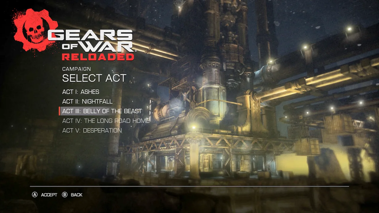Chapter Select menu in Gears of War: Reloaded with Act III: Belly of the Beast highlighted.