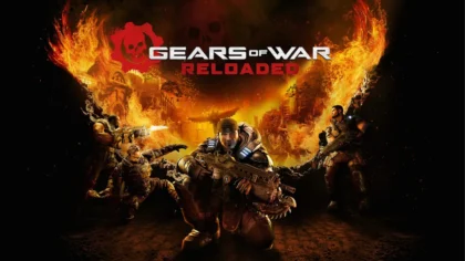 Cover art for Gears of War: Reloaded showing Marcus Fenix wielding a Lancer against the Locust Horde