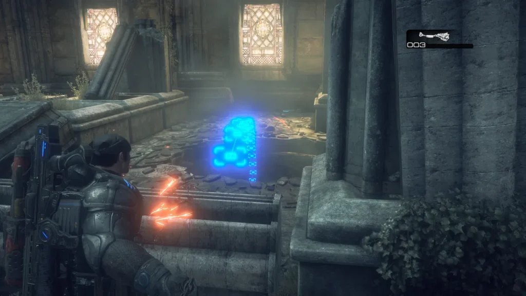 Marcus Fenix throws a grenade into an emergence hole to block Locust reinforcements in Gears of War: Reloaded.