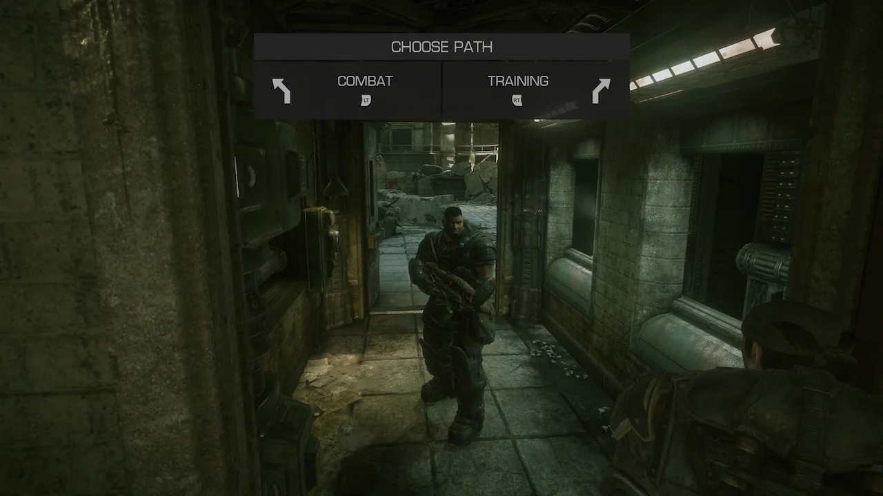 Dom prompts Marcus to choose a path—Combat or Training—during the first level in Gears of War: Reloaded