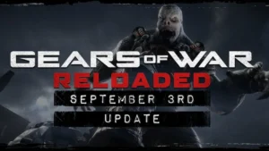 Locust enemy looming over the September 3 update text for Gears of War Reloaded