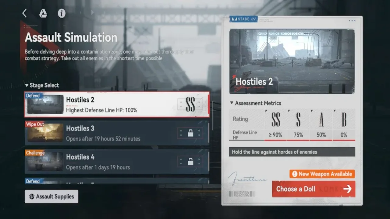 Menu of Assault Simulation mini-game in Girls’ Frontline 2