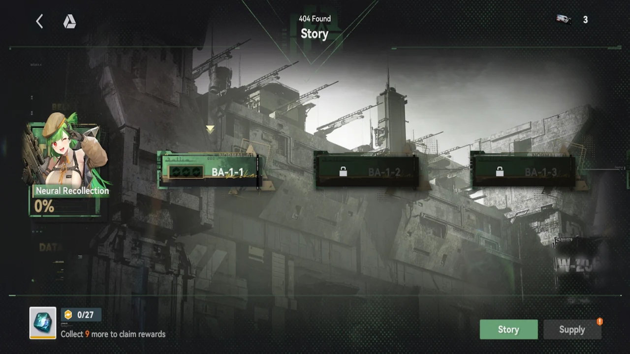 Screenshot of the 404 Found story mission in GFL2 Interstice of Reminiscence featuring Belka
