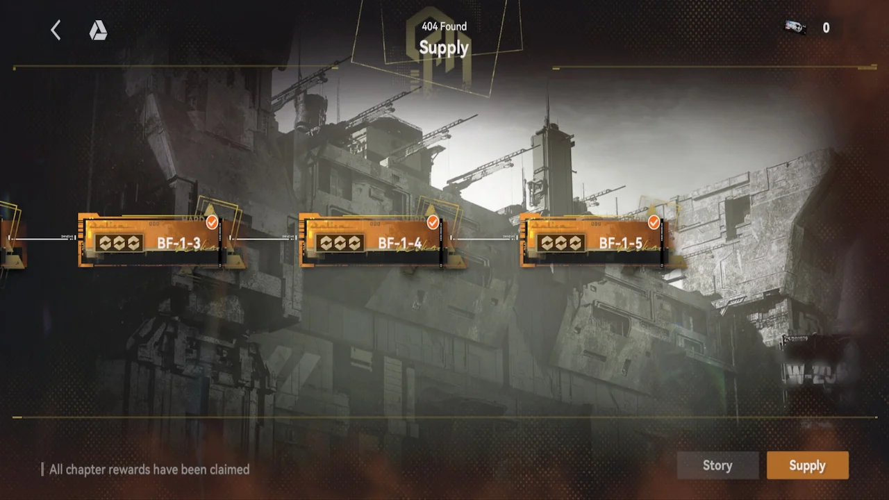 Screenshot of the 404 Found supply missions chart in GFL2 Interstice of Reminiscence showing all missions and the last stage