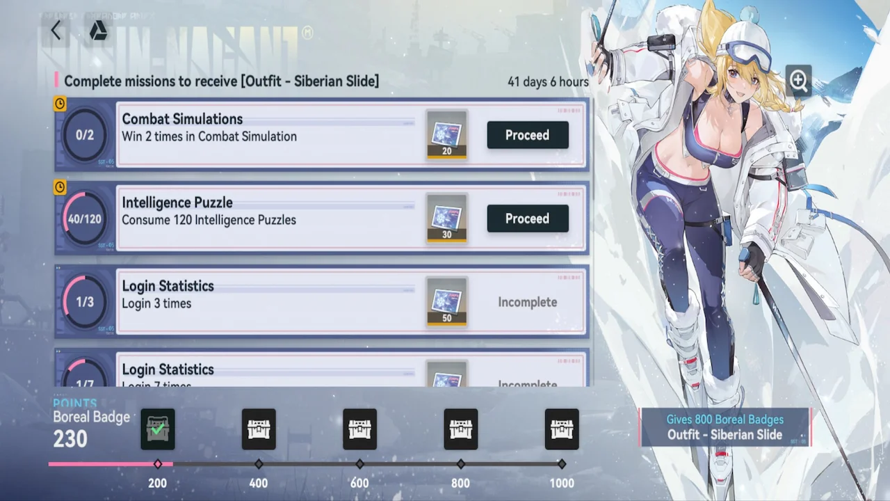 Screenshot of Aurora Shimmer challenge objectives in GFL2 Interstice of Reminiscence, showing Mosin Nagant in her Siberian Slide outfit