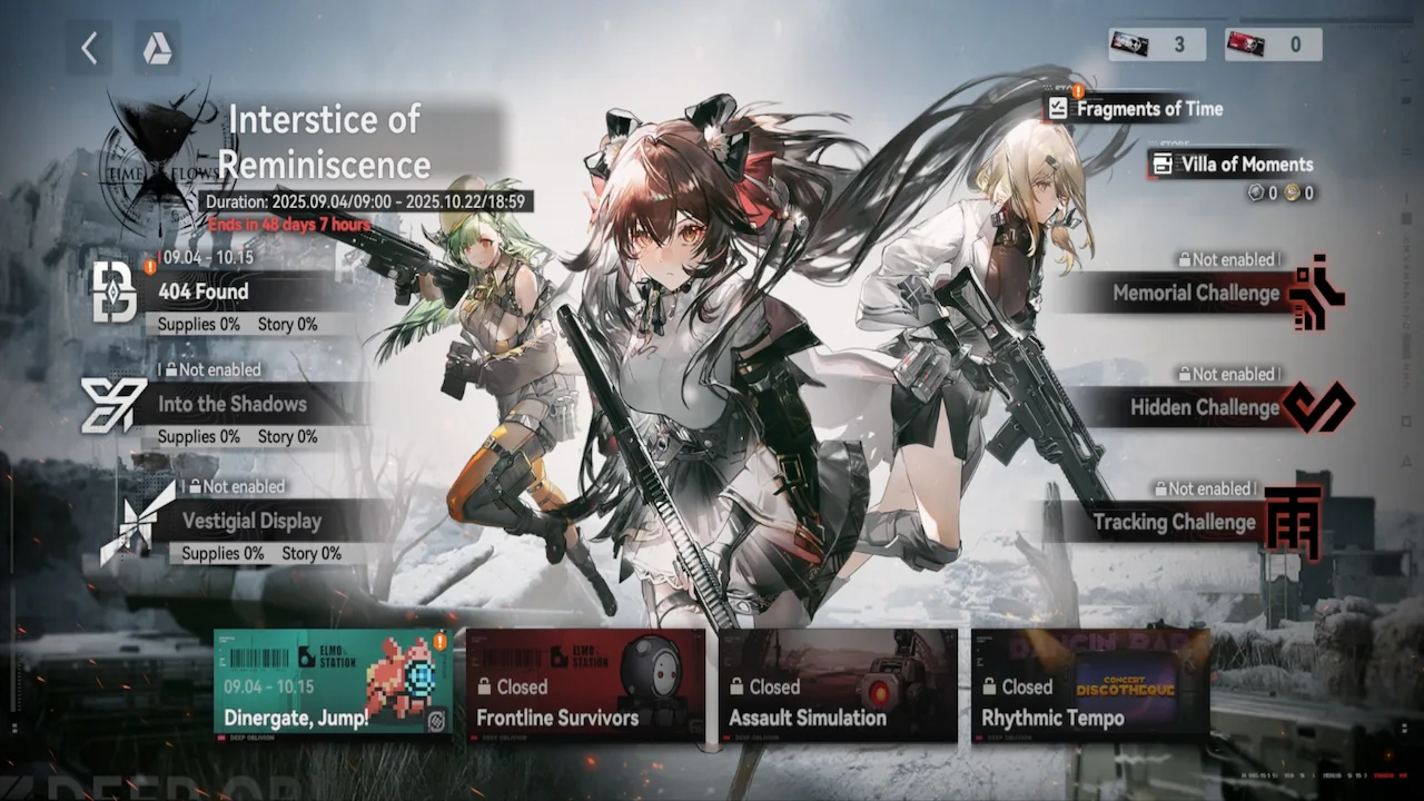 Screenshot of the Interstice of Reminiscence event hub in GFL2, showing all menu options and Jiangyu in the center with Belka on the left and Andoris on the right