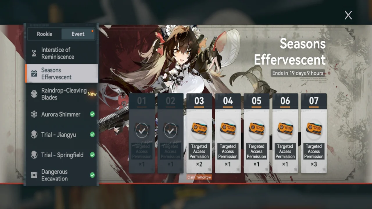 Seasonal login rewards interface in Girls’ Frontline 2 showing limited-access tickets.