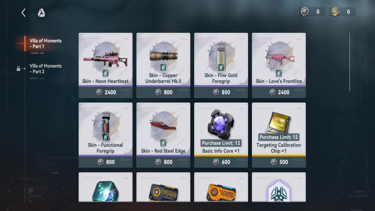 Screenshot of the Villa of Moments event shop in GFL2 Interstice of Reminiscence showing all exchange items and currency