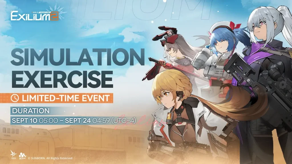 Simulation Exercise limited time event banner for Girls’ Frontline 2 Exilium featuring multiple T Dolls