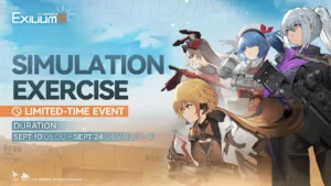 Girls’ Frontline 2 Simulation Exercise event image featuring Groza, Colphne, Krolik, and Nemesis with event dates