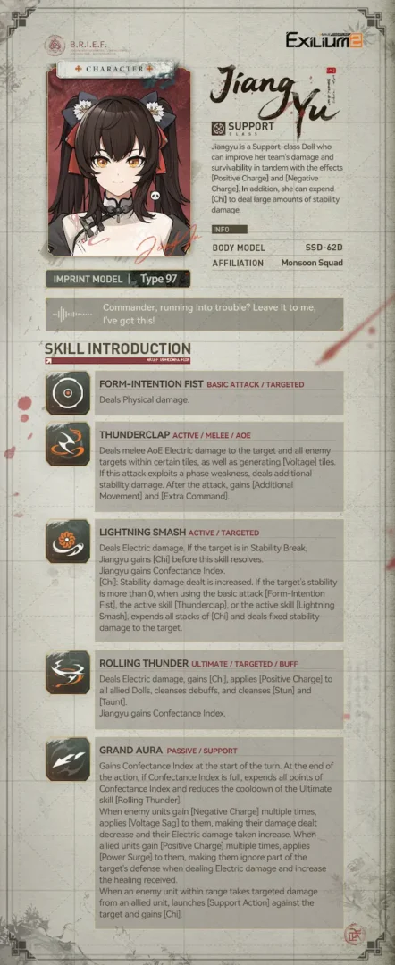 Technical skill breakdown for stability breaking and Electric buffs in the Jiangyu GFL2 guide.