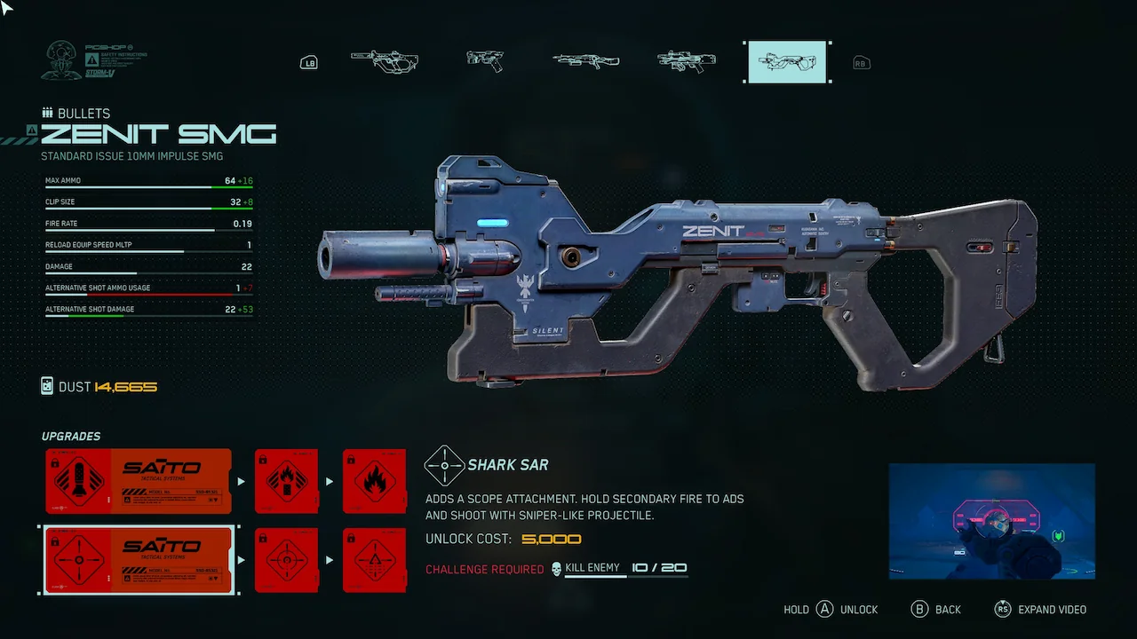 Alternate Fire upgrade screen showing the ZENIT SMG with the SHARK SAR sniper attachment highlighted.