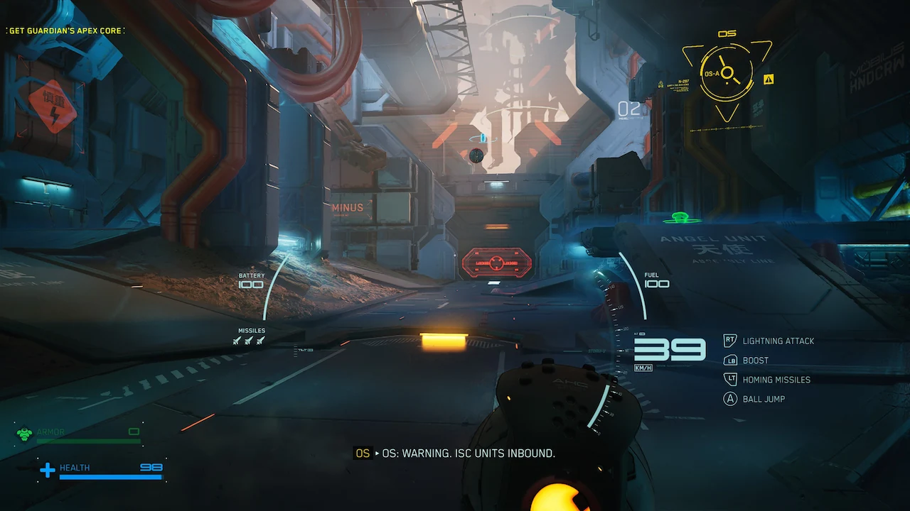 ASKA in Ball Mode in a large combat arena, showing the arena layout and strategic elements like a glowing armor pickup.