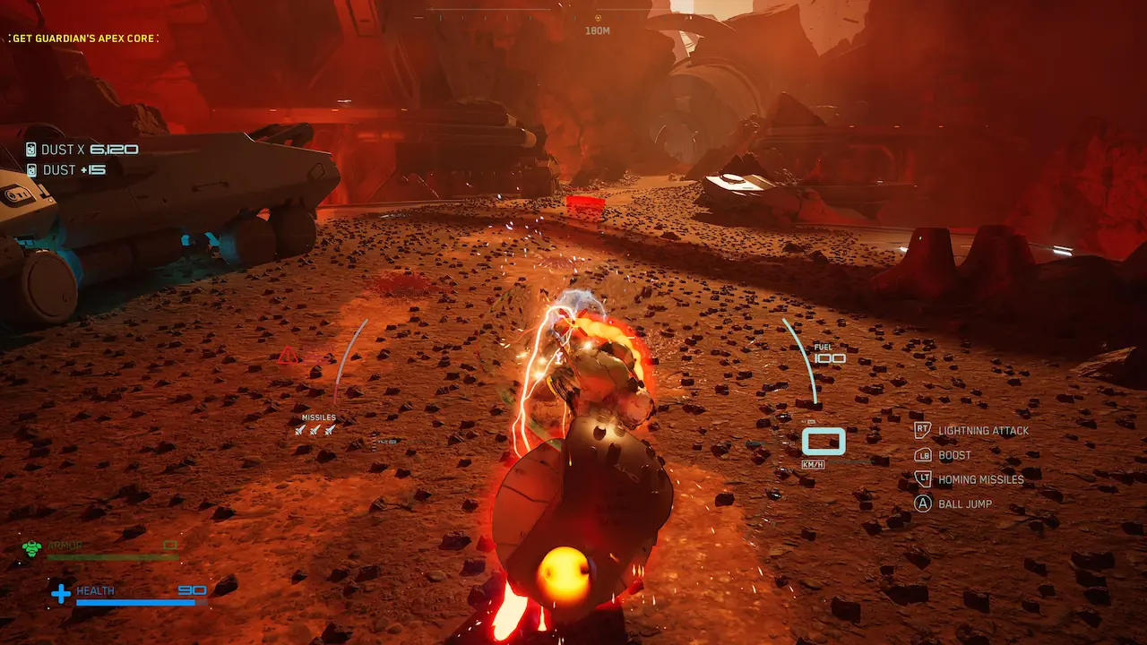 ASKA in Ball Mode using a Lightning Attack on an enemy in a dusty, reddish-brown Martian-like environment, HUD displaying homing missiles and boost.
