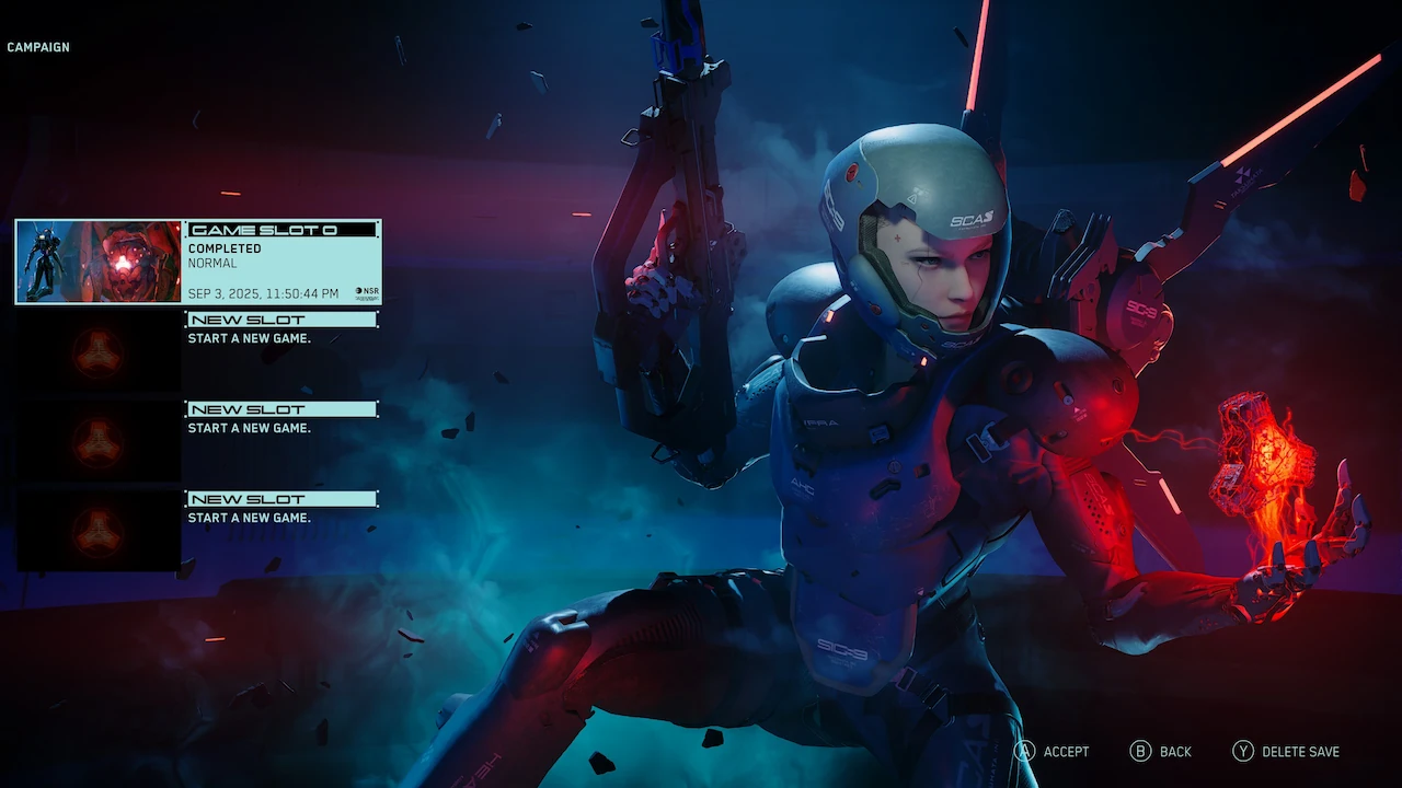 ASKA stands to the right of the screen, while save files are displayed to the left showing Slot 1 completed.