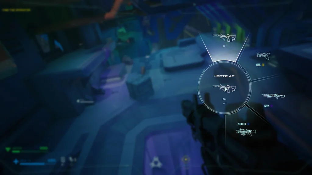 ASKA mid-jump in Metal Eden with the radial weapon menu open, selecting the Hertz AP to engage enemies.