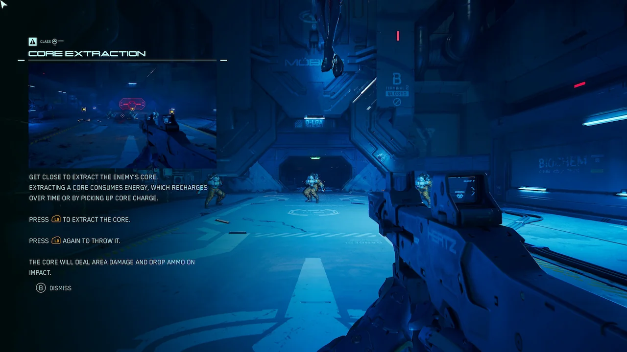 Core Extraction tooltip showing how to extract, throw, and use enemy cores for area damage and ammo drops.