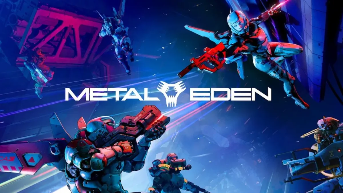 ASKA midair aiming her rifle at enemies, with the Metal Eden logo overlay and blue streaks of motion in the background.
