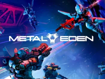 ASKA midair aiming her rifle at enemies, with the Metal Eden logo overlay and blue streaks of motion in the background.