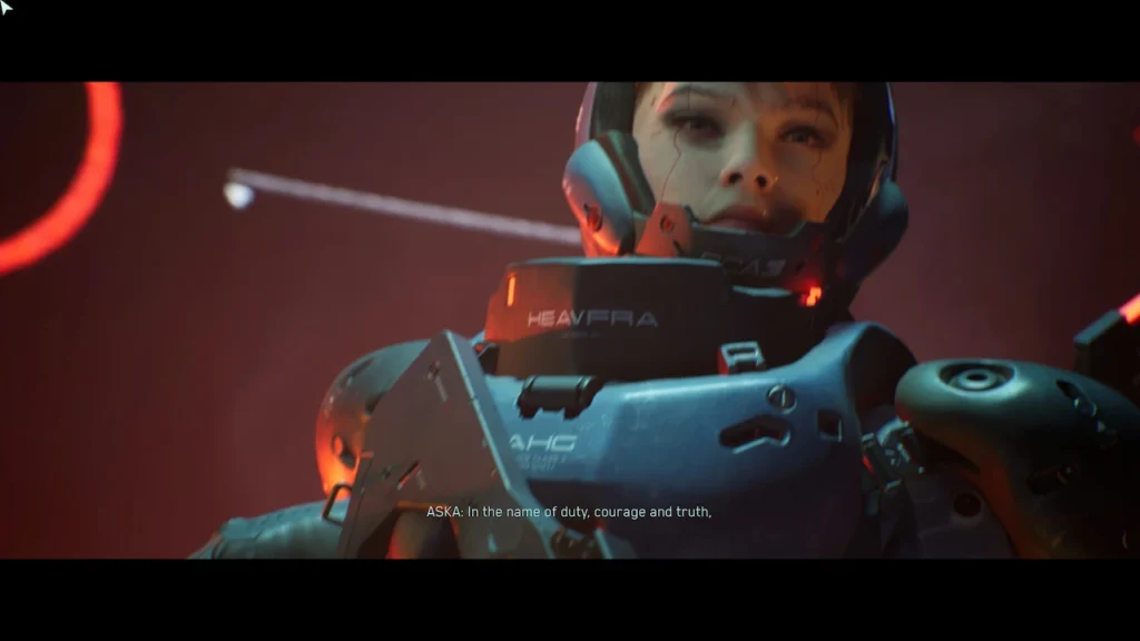 ASKA in a cutscene saying her mantra, viewed from a low-angle perspective.