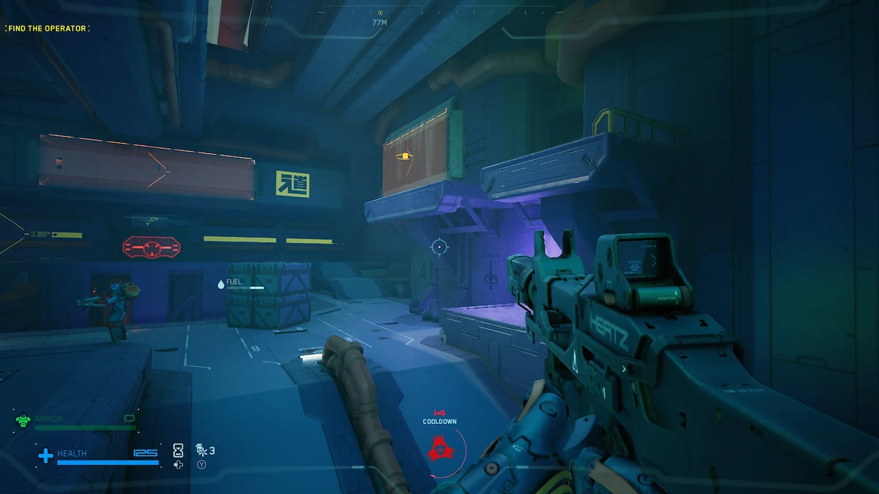 ASKA mid-jump with the fuel bar partially depleted on the HUD, illustrating fuel usage for movement.