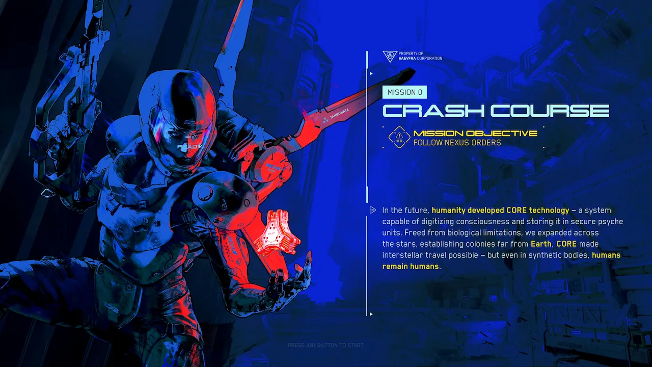 ASKA holds a glowing red core in a stylized black-and-blue outline, with “Mission 0: Crash Course” and mission objectives displayed to the right.