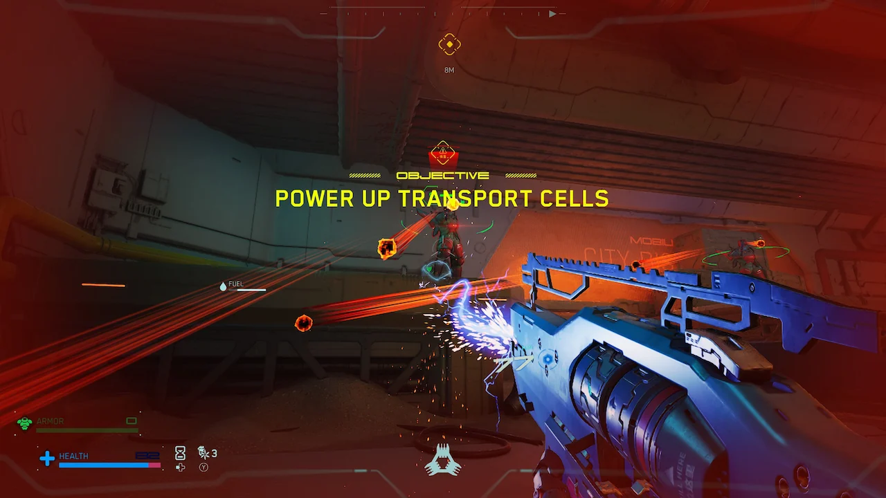 ASKA fires an electric rifle at an enemy while dodging incoming bullets with visible tracer effects. Objective: Power UP Transport Cells.
