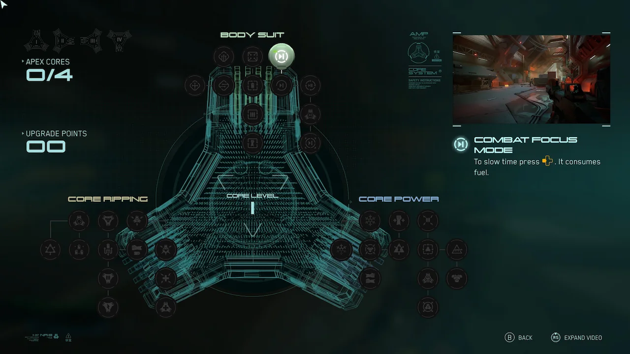 Metal Eden skill tree interface showing Combat Focus Mode upgrade and its fuel-based slow time ability.