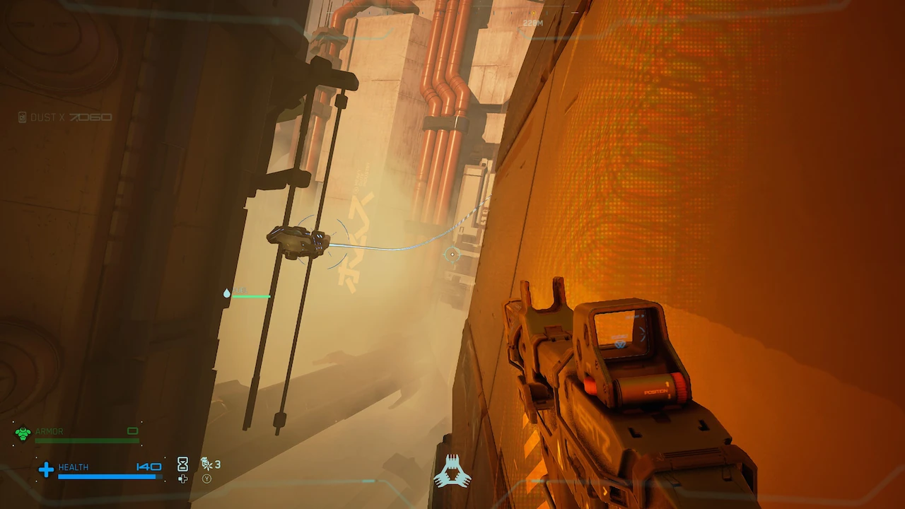 ASKA wall runs along a futuristic outdoor structure, with lights stretching into the distance and a zipline visible to the left.