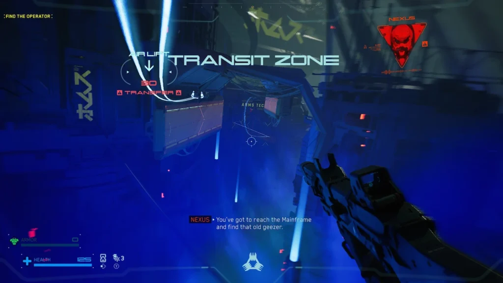 ASKA riding a zipline in Metal Eden’s neon-lit open world, with Transit Zone objective and Nexus subtitles visible
