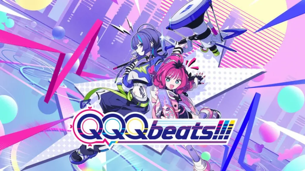 Key art for QQQbeats!!! on Nintendo Switch, showing the main characters with musical notes and bright, rhythmic visuals.