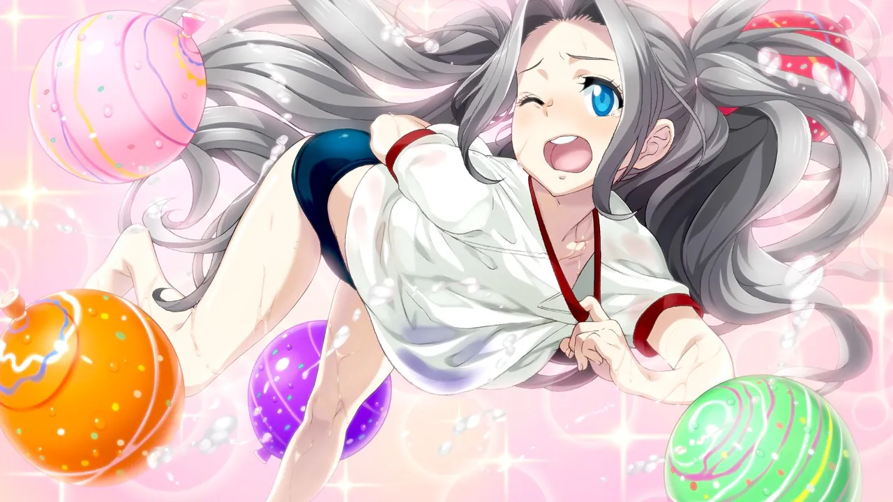 Airi soaked from water balloons, holding her shirt slightly, pinkish background.