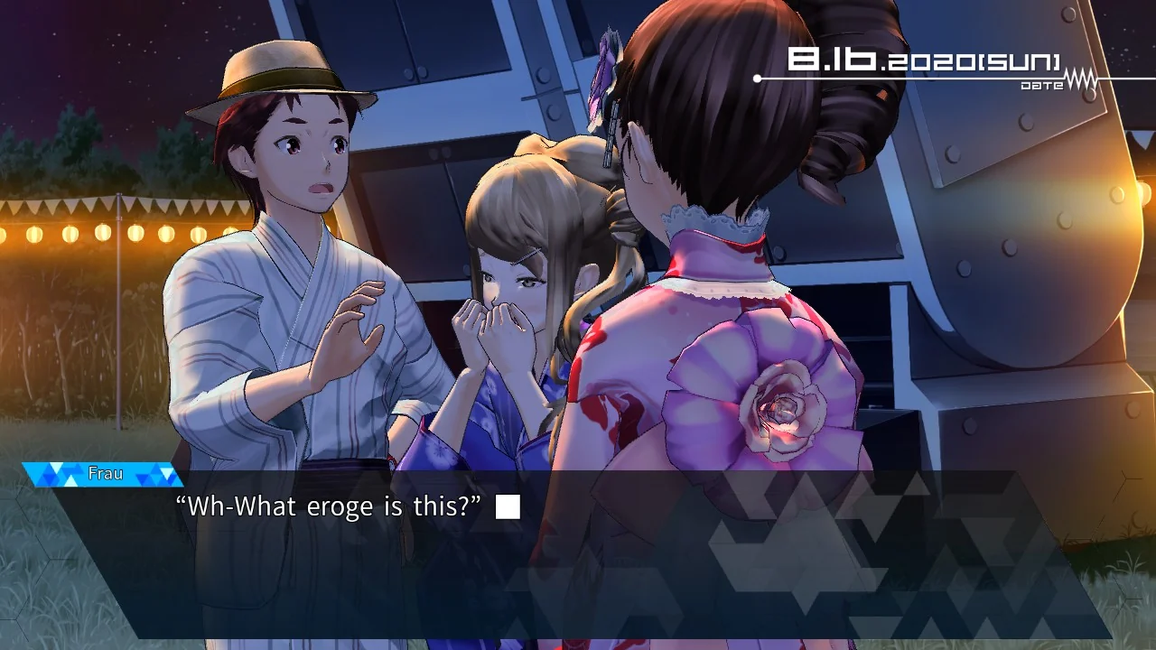 Frau and Akiho in kimonos, Frau reacting with ‘what eroge is this?’ pose.