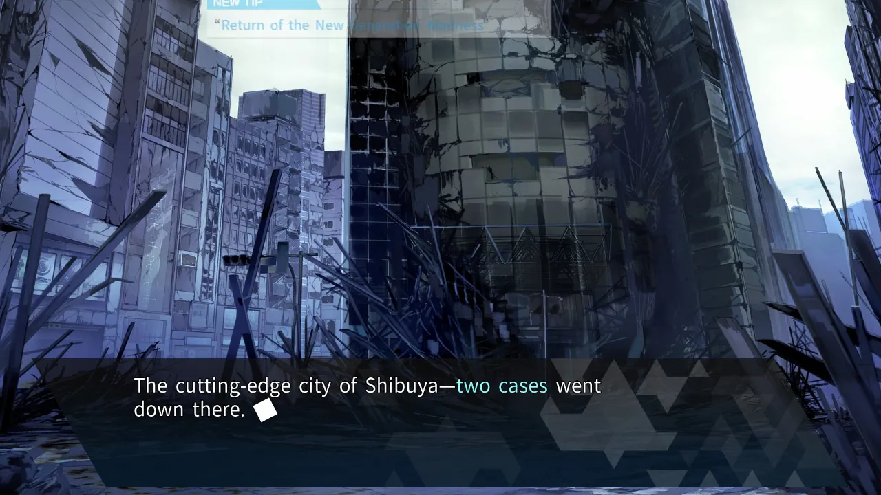 Ruined Shibuya backdrop showing scenes from Chaos;Head and Chaos;Child