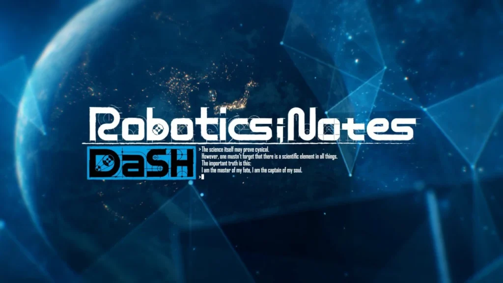 Robotics;Notes DaSH title screen with blue geometric background and quote text